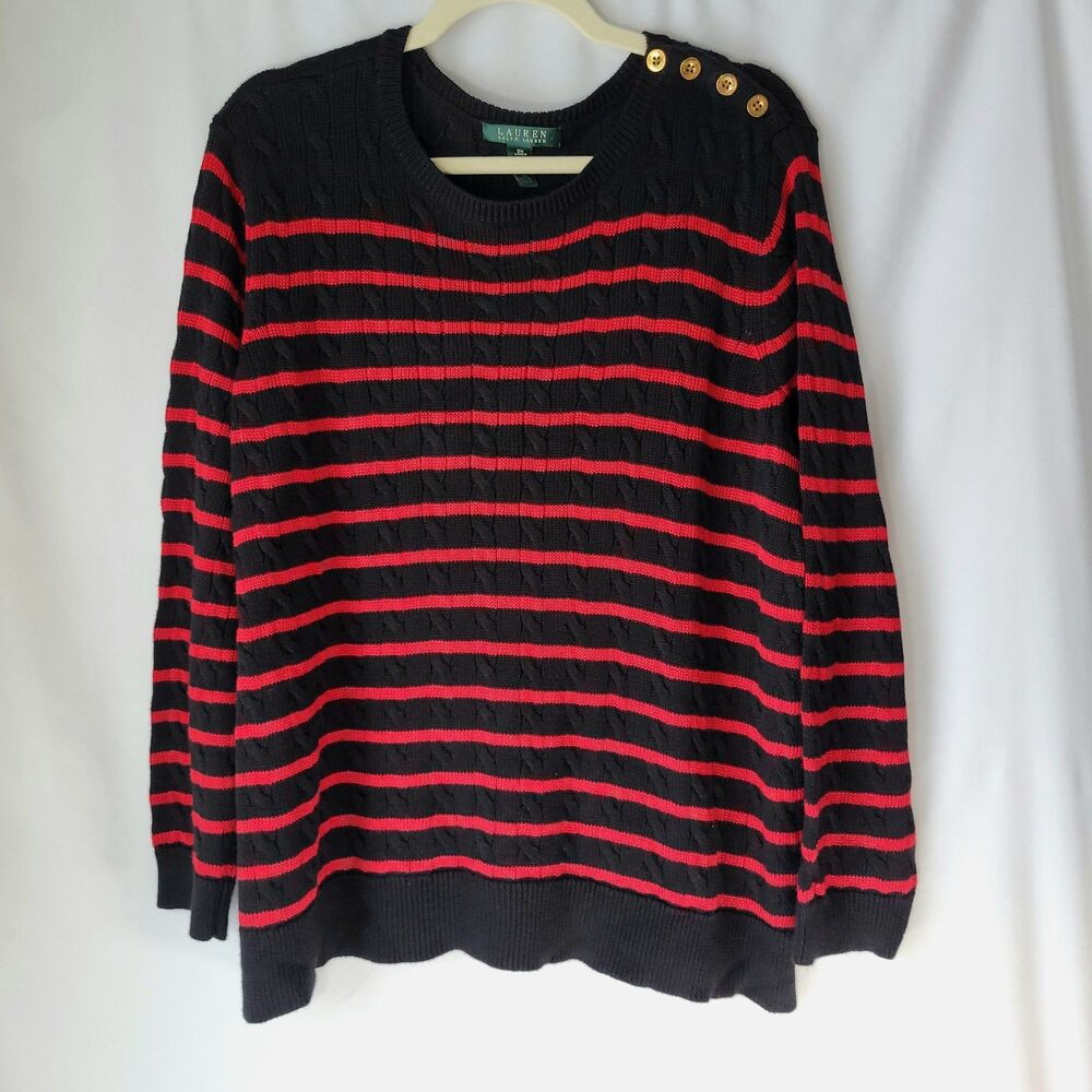 Lauren Ralph Lauren Women's 2X Stripe Sweater Black Red Nautical Preppy Coastal